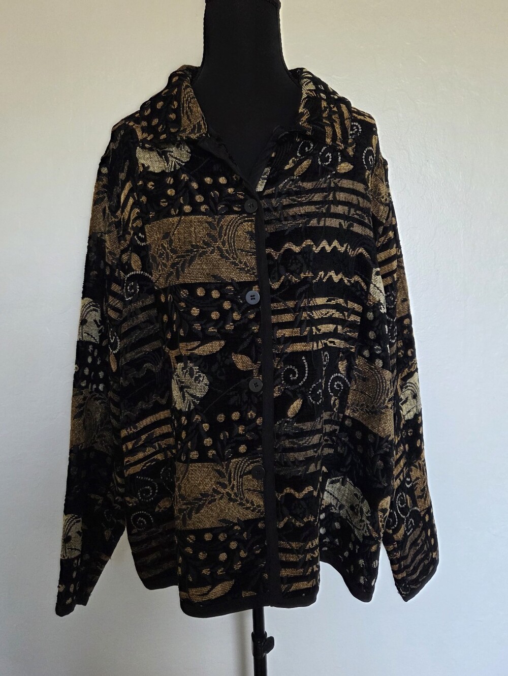 Coldwater Creek black & tan abstract geometric and floral print Jacket Fall Lg.